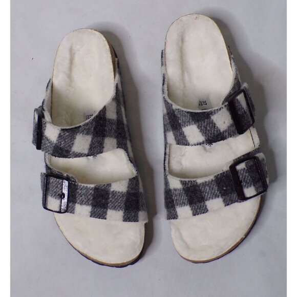 🆕BIRKENSTOCK Arizona Shearling Lined Wool Slide Sandals Black White Plaid 6-6.5 - Picture 6 of 12